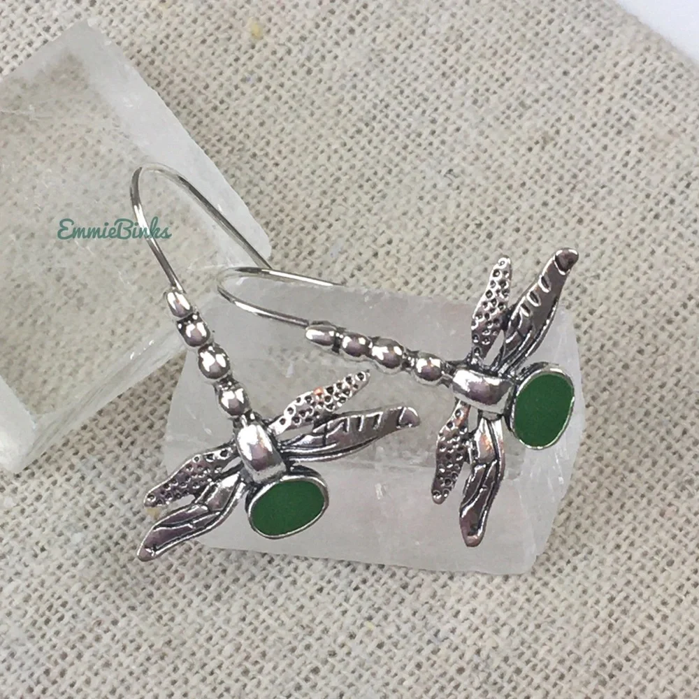 ✨3/$38  New Antique Silver & Green Dragonfly Drop Dangle Earrings - Free People - Picture 5 of 10
